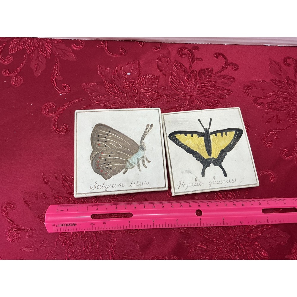 Hen-Feathers Butterfly Tiles Set of 2 Satyrium Titus Papilio Glaucus Cast Stone